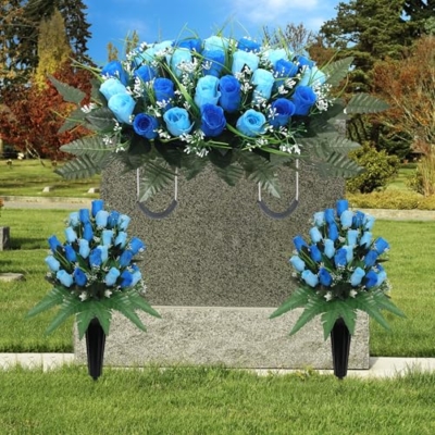 Product: 3Pack Artificial Cemetery flowers for grave,Headstone flower saddle Gravesite Decoration Roses Memorial Bouquets with Cemetery Vase for Cemetery Decorations Non-Fading Easy Fit (Blue)