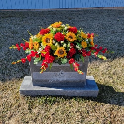 Product: Yellow Sunflower Red Geranium Gladiolus Large Cemetery Saddle & Cone Pair - 3 Memorial Decorations - Realistic Silk Faux Floral Artificial Grave Flowers for Headstone