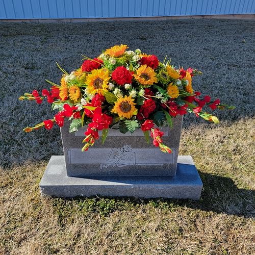 Product: Yellow Sunflower Red Geranium Gladiolus Large Cemetery Saddle & Cone Pair - 3 Memorial Decorations - Realistic Silk Faux Floral Artificial Grave Flowers for Headstone