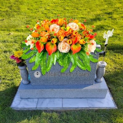 Product: FLOWERIA Artificial Cemetery Flowers - Outdoor Grave Saddle for Headstone Decorations with Orange Roses Tulips