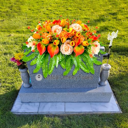 Product: FLOWERIA Artificial Cemetery Flowers - Outdoor Grave Saddle for Headstone Decorations with Orange Roses Tulips