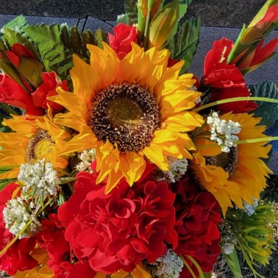 Product: Yellow Sunflower Red Geranium Gladiolus Large Cemetery Saddle & Cone Pair - 3 Memorial Decorations - Realistic Silk Faux Floral Artificial Grave Flowers for Headstone
