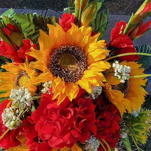 Product: Yellow Sunflower Red Geranium Gladiolus Large Cemetery Saddle & Cone Pair - 3 Memorial Decorations - Realistic Silk Faux Floral Artificial Grave Flowers for Headstone
