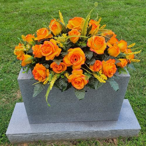 Silky Flower Store Orange Roses Funeral Grave Saddle, Artificial Headstone Memorial Flowers, Rosebuds Berry Fern, 35x27in 2 2 Product: Orange Roses Large Headstone Saddle, Rosebuds Grave Flowers for Funeral or Memorial Decoration Garland for Table Centerpiece Holiday Party Weddi