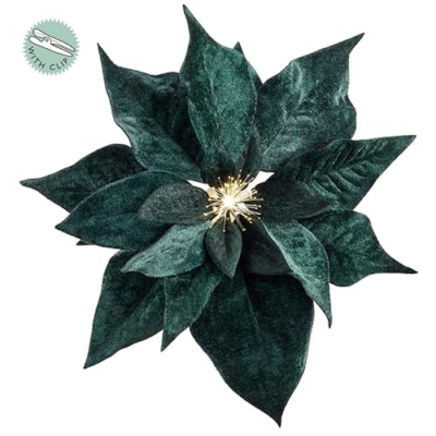Product: SilksAreForever 9" Velvet Poinsettia Battery Operated Fiber Optic Light Artificial Clip-On Flower -Green (Pack of 12)