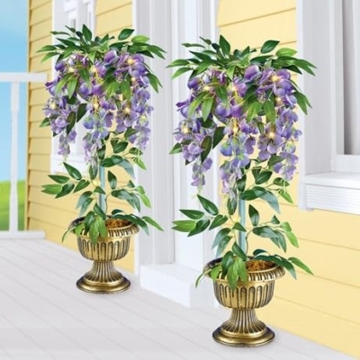 Silky Flower Store Solar Powered Artificial Wisteria Topiary, Faux Floral Arrangement in Gold Vase, 10 x 26 in 5 5 Product: A-3ONE3 Solar Powered Artificial Wisteria Topiary with Vase-Size-10 L x 26" H.