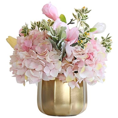 Product: Artificial Flower with Vase Set Pink Hydrangea Artificial Silk Flowers Faked Flowers DIY Bouquets for Home Decor, 12.2" H Table Centerpiece Office Wedding Party Decoration
