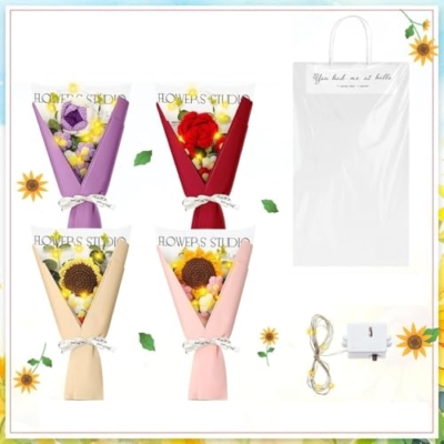 Product: Beautiful Flower Gentle Crochet Bouquet, 4 Sets of Artificial Flowers for Indoor Outdoor Home Wedding Party Decoration (No Vase) Used for Home Decoration, Weddings(Sunflower)