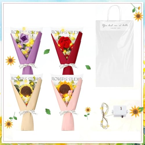 Product: Beautiful Flower Gentle Crochet Bouquet, 4 Sets of Artificial Flowers for Indoor Outdoor Home Wedding Party Decoration (No Vase) Used for Home Decoration, Weddings(Sunflower)