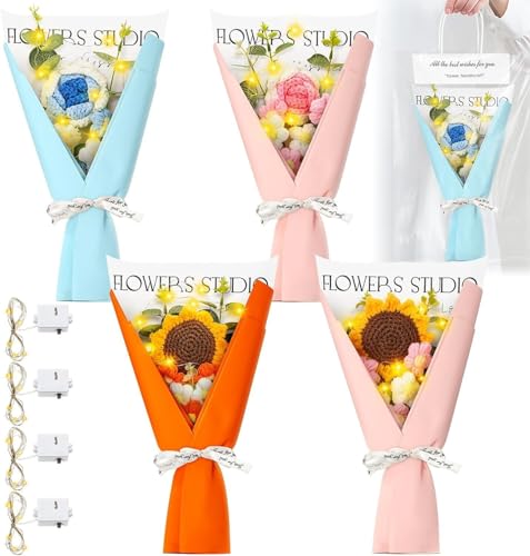 Product: Beautiful Flower Gentle Crochet Bouquet, 4 Sets of Artificial Flowers for Indoor Outdoor Home Wedding Party Decoration (No Vase) Used for Home Decoration, Weddings(Sunflower)