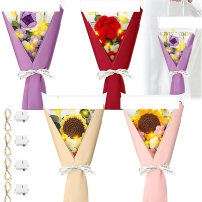 Product: Beautiful Flower Gentle Crochet Bouquet, 4 Sets of Artificial Flowers for Indoor Outdoor Home Wedding Party Decoration (No Vase) Used for Home Decoration, Weddings(Sunflower)