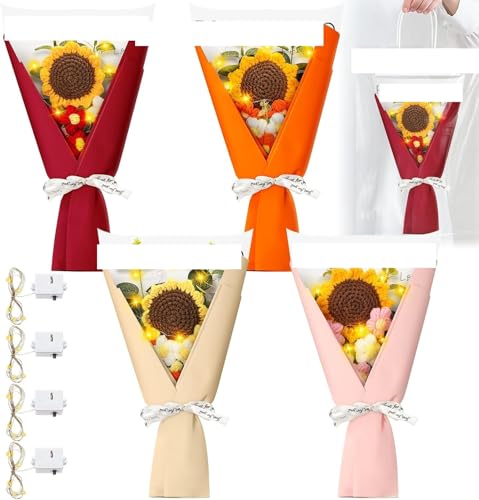 Product: Beautiful Flower Gentle Crochet Bouquet, 4 Sets of Artificial Flowers for Indoor Outdoor Home Wedding Party Decoration (No Vase) Used for Home Decoration, Weddings(Sunflower)