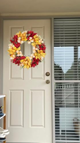 Product: Beautiful Flower Tasteful Tulip Wreaths, Artificial Flowers, Suitable for All Season Outdoor Use, Farmhouse and Wedding Party Outdoor Decorative Door Wreaths(Red Mixed)