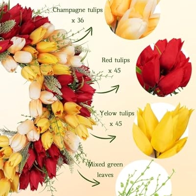Product: Beautiful Flower Tasteful Tulip Wreaths, Artificial Flowers, Suitable for All Season Outdoor Use, Farmhouse and Wedding Party Outdoor Decorative Door Wreaths(Red Mixed)