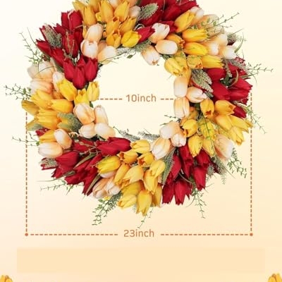 Product: Beautiful Flower Tasteful Tulip Wreaths, Artificial Flowers, Suitable for All Season Outdoor Use, Farmhouse and Wedding Party Outdoor Decorative Door Wreaths(Red Mixed)