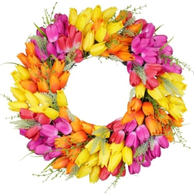 Product: Beautiful Flower Tasteful Tulip Wreaths, Artificial Flowers, Suitable for All Season Outdoor Use, Farmhouse and Wedding Party Outdoor Decorative Door Wreaths(Red Mixed)