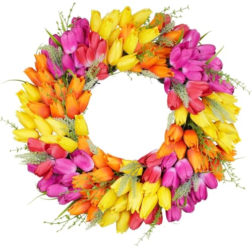 Product: Beautiful Flower Tasteful Tulip Wreaths, Artificial Flowers, Suitable for All Season Outdoor Use, Farmhouse and Wedding Party Outdoor Decorative Door Wreaths(Red Mixed)