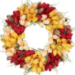 Product: Beautiful Flower Tasteful Tulip Wreaths, Artificial Flowers, Suitable for All Season Outdoor Use, Farmhouse and Wedding Party Outdoor Decorative Door Wreaths(Red Mixed)