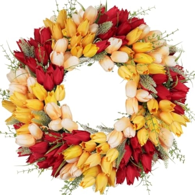 Product: Beautiful Flower Tasteful Tulip Wreaths, Artificial Flowers, Suitable for All Season Outdoor Use, Farmhouse and Wedding Party Outdoor Decorative Door Wreaths(Red Mixed)