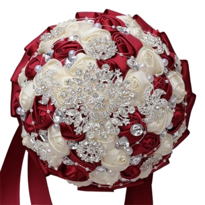 Product: CarpeCoras Wedding Bridal Bouquet Silk Rose Handmade Artificial Flower Bunch Bouquets for Bride Bridesmaid Holding Toss Round Sparkling Rhinestone Burgund & Cream 7.5inch