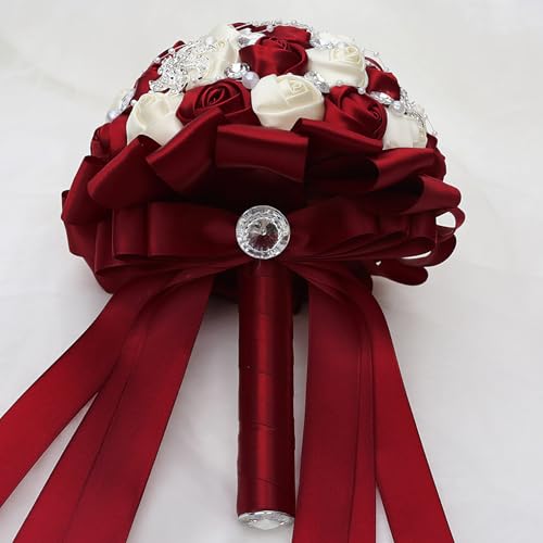 Product: CarpeCoras Wedding Bridal Bouquet Silk Rose Handmade Artificial Flower Bunch Bouquets for Bride Bridesmaid Holding Toss Round Sparkling Rhinestone Burgund & Cream 7.5inch