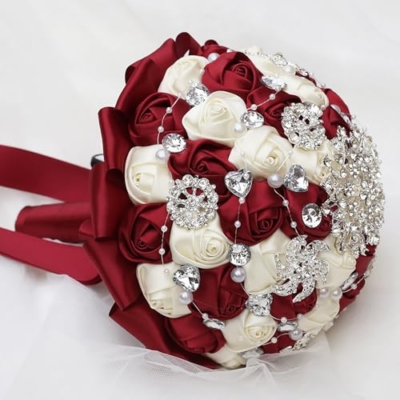 Product: CarpeCoras Wedding Bridal Bouquet Silk Rose Handmade Artificial Flower Bunch Bouquets for Bride Bridesmaid Holding Toss Round Sparkling Rhinestone Burgund & Cream 7.5inch