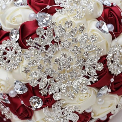 Product: CarpeCoras Wedding Bridal Bouquet Silk Rose Handmade Artificial Flower Bunch Bouquets for Bride Bridesmaid Holding Toss Round Sparkling Rhinestone Burgund & Cream 7.5inch