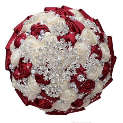 Product: CarpeCoras Wedding Bridal Bouquet Silk Rose Handmade Artificial Flower Bunch Bouquets for Bride Bridesmaid Holding Toss Round Sparkling Rhinestone Burgund & Cream 7.5inch