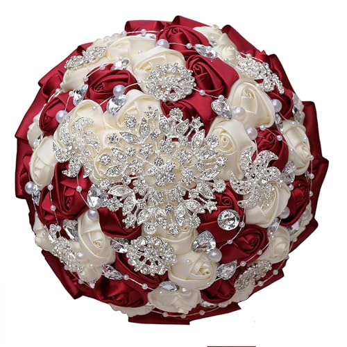 Product: CarpeCoras Wedding Bridal Bouquet Silk Rose Handmade Artificial Flower Bunch Bouquets for Bride Bridesmaid Holding Toss Round Sparkling Rhinestone Burgund & Cream 7.5inch