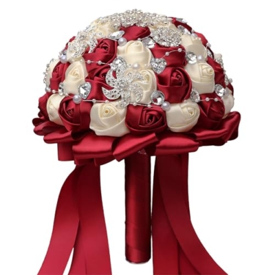 Product: CarpeCoras Wedding Bridal Bouquet Silk Rose Handmade Artificial Flower Bunch Bouquets for Bride Bridesmaid Holding Toss Round Sparkling Rhinestone Burgund & Cream 7.5inch