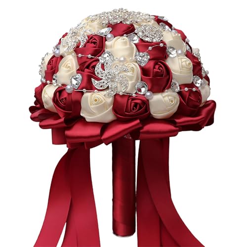 Product: CarpeCoras Wedding Bridal Bouquet Silk Rose Handmade Artificial Flower Bunch Bouquets for Bride Bridesmaid Holding Toss Round Sparkling Rhinestone Burgund & Cream 7.5inch