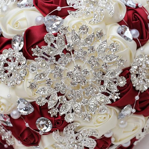 Product: CarpeCoras Wedding Bridal Bouquet Silk Rose Handmade Artificial Flower Bunch Bouquets for Bride Bridesmaid Holding Toss Round Sparkling Rhinestone Burgund & Cream 7.5inch