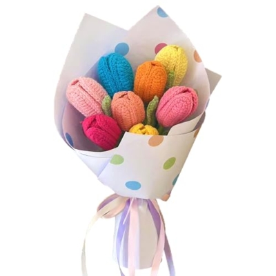 Product: Cayiibe Colorful Tulips Crochet Flowers Bouquet Handmade Knitted Artificial Flowers Home Decor