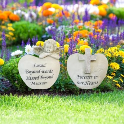 Product: Cemetery Angel Grave Vases, For Loved Ones Engraved Sentiments, Heart-Shaped Resin Design With Angel Statue, Memorial Garden Decoration, Includes Ground Stake, Pair