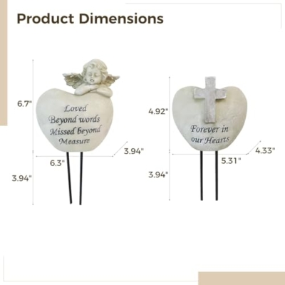 Product: Cemetery Angel Grave Vases, For Loved Ones Engraved Sentiments, Heart-Shaped Resin Design With Angel Statue, Memorial Garden Decoration, Includes Ground Stake, Pair