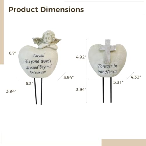 Product: Cemetery Angel Grave Vases, For Loved Ones Engraved Sentiments, Heart-Shaped Resin Design With Angel Statue, Memorial Garden Decoration, Includes Ground Stake, Pair