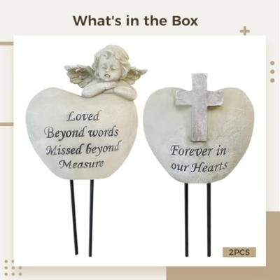 Product: Cemetery Angel Grave Vases, For Loved Ones Engraved Sentiments, Heart-Shaped Resin Design With Angel Statue, Memorial Garden Decoration, Includes Ground Stake, Pair