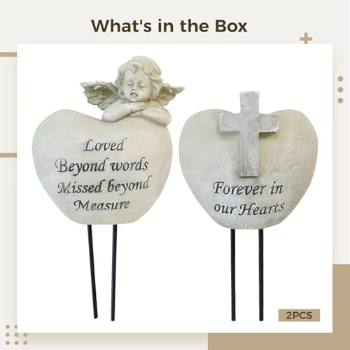 Product: Cemetery Angel Grave Vases, For Loved Ones Engraved Sentiments, Heart-Shaped Resin Design With Angel Statue, Memorial Garden Decoration, Includes Ground Stake, Pair