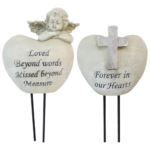 Product: Cemetery Angel Grave Vases, For Loved Ones Engraved Sentiments, Heart-Shaped Resin Design With Angel Statue, Memorial Garden Decoration, Includes Ground Stake, Pair