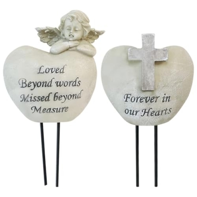 Product: Cemetery Angel Grave Vases, For Loved Ones Engraved Sentiments, Heart-Shaped Resin Design With Angel Statue, Memorial Garden Decoration, Includes Ground Stake, Pair