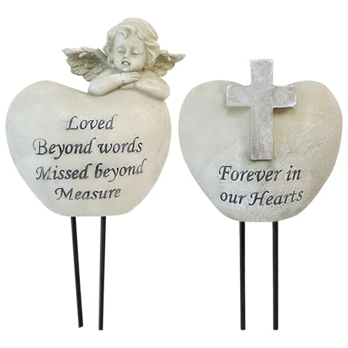 Product: Cemetery Angel Grave Vases, For Loved Ones Engraved Sentiments, Heart-Shaped Resin Design With Angel Statue, Memorial Garden Decoration, Includes Ground Stake, Pair