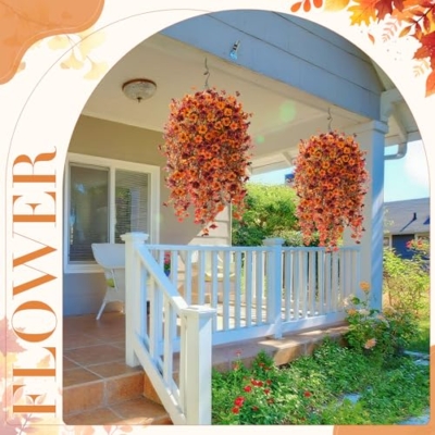 Product: Giegxin 2 Set Artificial Outdoor Flowers with Hanging Basket, 2 Hanging Planters with 12 Pcs Fake UV Resistant Flowers for Spring Summer Front Porch Garden Patio Decor (Orange, Brown)