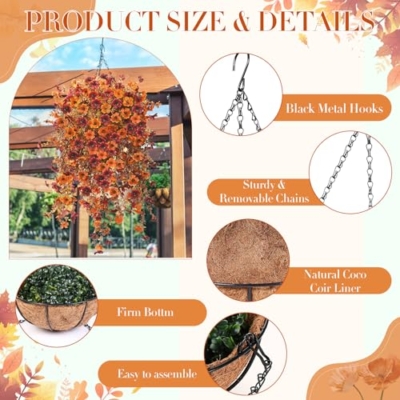 Product: Giegxin 2 Set Artificial Outdoor Flowers with Hanging Basket, 2 Hanging Planters with 12 Pcs Fake UV Resistant Flowers for Spring Summer Front Porch Garden Patio Decor (Orange, Brown)