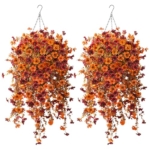 Product: Giegxin 2 Set Artificial Outdoor Flowers with Hanging Basket, 2 Hanging Planters with 12 Pcs Fake UV Resistant Flowers for Spring Summer Front Porch Garden Patio Decor (Orange, Brown)