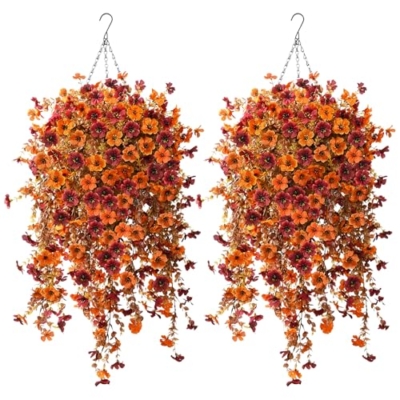 Product: Giegxin 2 Set Artificial Outdoor Flowers with Hanging Basket, 2 Hanging Planters with 12 Pcs Fake UV Resistant Flowers for Spring Summer Front Porch Garden Patio Decor (Orange, Brown)