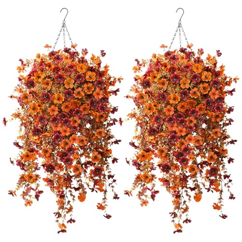 Product: Giegxin 2 Set Artificial Outdoor Flowers with Hanging Basket, 2 Hanging Planters with 12 Pcs Fake UV Resistant Flowers for Spring Summer Front Porch Garden Patio Decor (Orange, Brown)