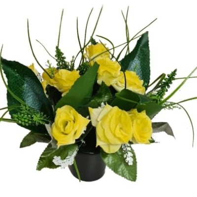 Product: INERRA Cemetery Grave Flower Pot - Artificial Flowers with Yellow Roses