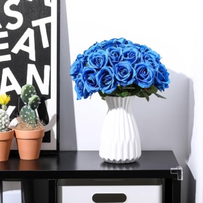 Product: Jexine 100 Pieces Artificial Roses Flowers Bulk, Long Stem Realistic Fake Silk Roses Bouquet for Table Centerpiece Vases Wedding Party Kitchen Decor (Royal Blue)