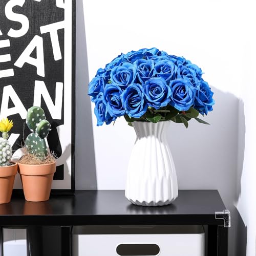 Product: Jexine 100 Pieces Artificial Roses Flowers Bulk, Long Stem Realistic Fake Silk Roses Bouquet for Table Centerpiece Vases Wedding Party Kitchen Decor (Royal Blue)