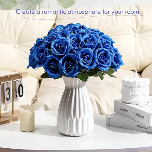 Product: Jexine 100 Pieces Artificial Roses Flowers Bulk, Long Stem Realistic Fake Silk Roses Bouquet for Table Centerpiece Vases Wedding Party Kitchen Decor (Royal Blue)